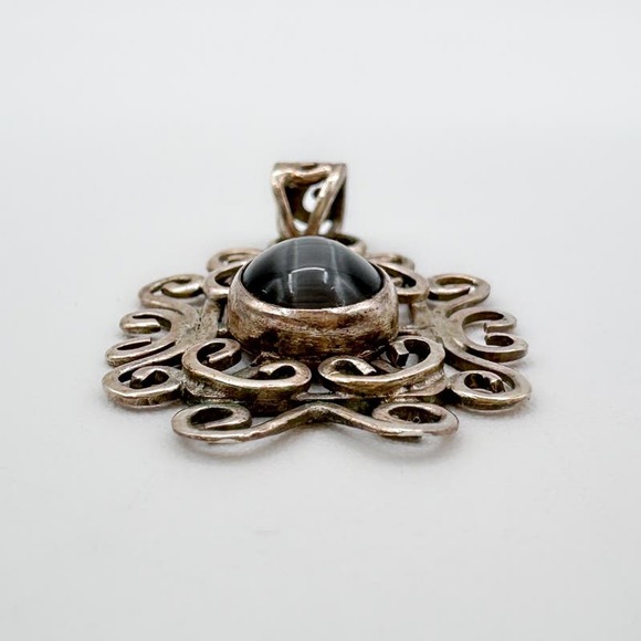 Vintage Sterling Silver 925 Gray Labradorite Filigree Pendant 90s Grunge Celtic - Picture 5 of 12